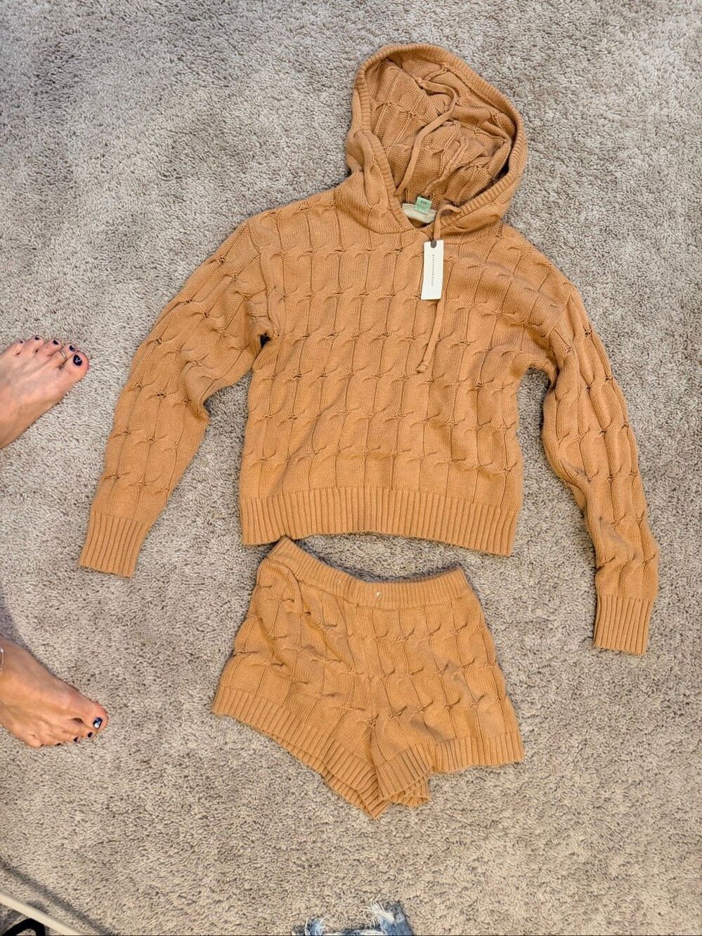 ANTHROPOLOGIE Saturday / Sunday Caramel Brown Cable Knit Hoodie Jogger Set XS